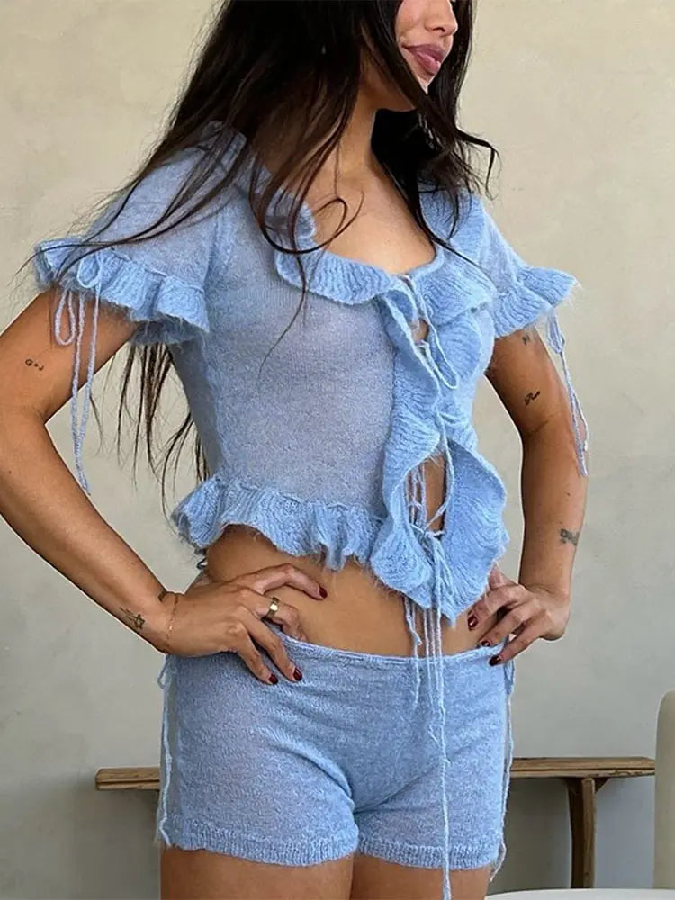 Lacework Lace Up Short Sleeve Top Slim Mini Shorts Knitted Set