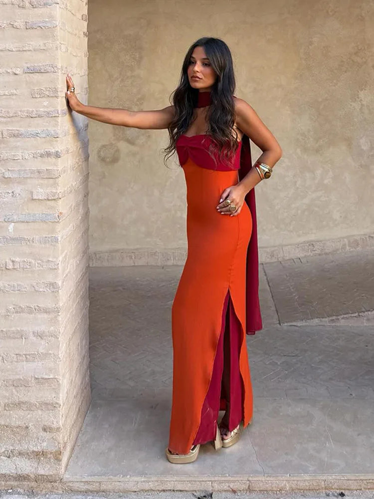 Orange Color Blocking Scarf Collar Maxi Dress For Lady Sleek Cinched Waist Bodycon Silhouette