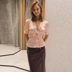 Lace Splicing Female Chic Bow Lace-up V Neck Short Sleeve Shirt