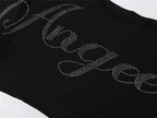 Shimmering Letter Rhinestone Tee Off Shoulder Top With Skew Collar