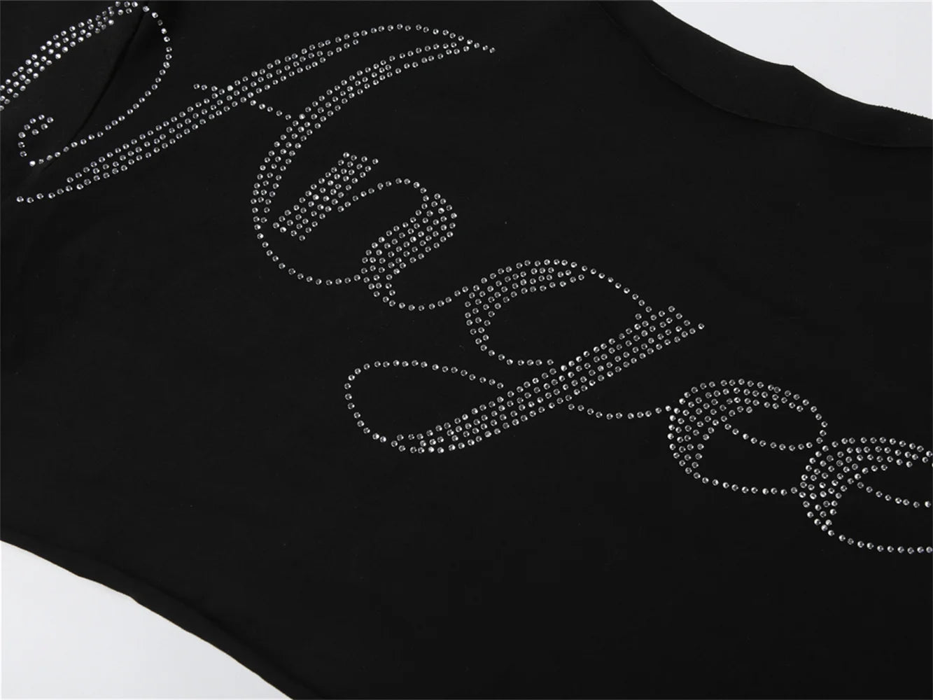Shimmering Letter Rhinestone Tee Off Shoulder Top With Skew Collar
