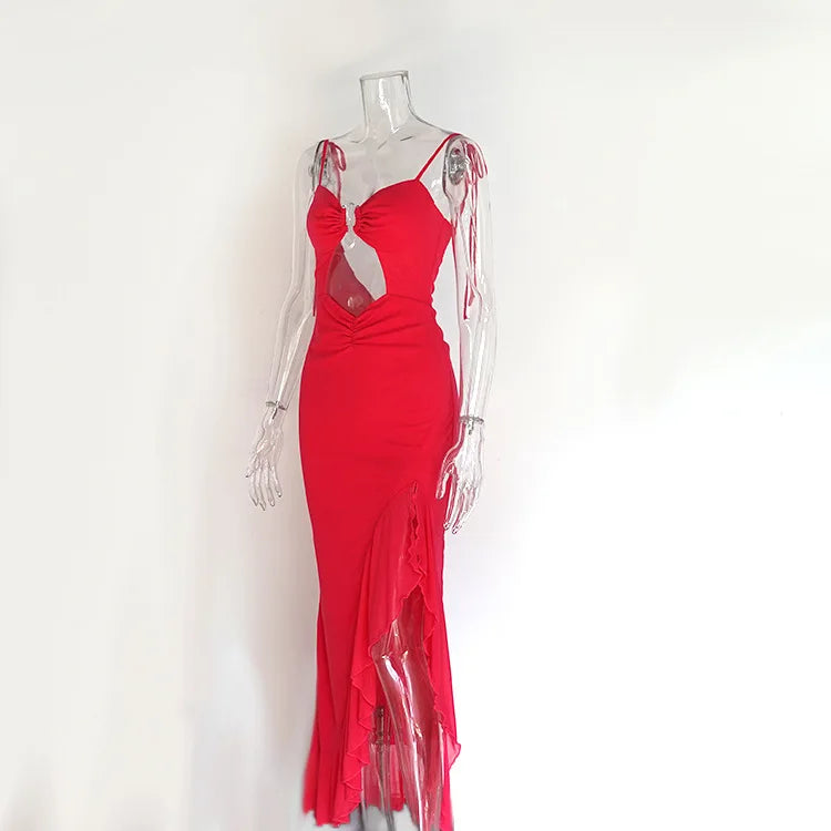Sultry Lace Up Backless Dress With Ruffles And Irregular Wrap Hem