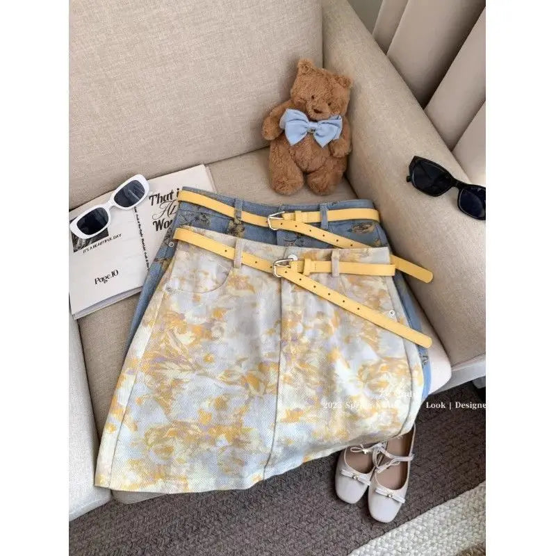Retro Tie-Dye Denim A-Line Skirt With High Waist