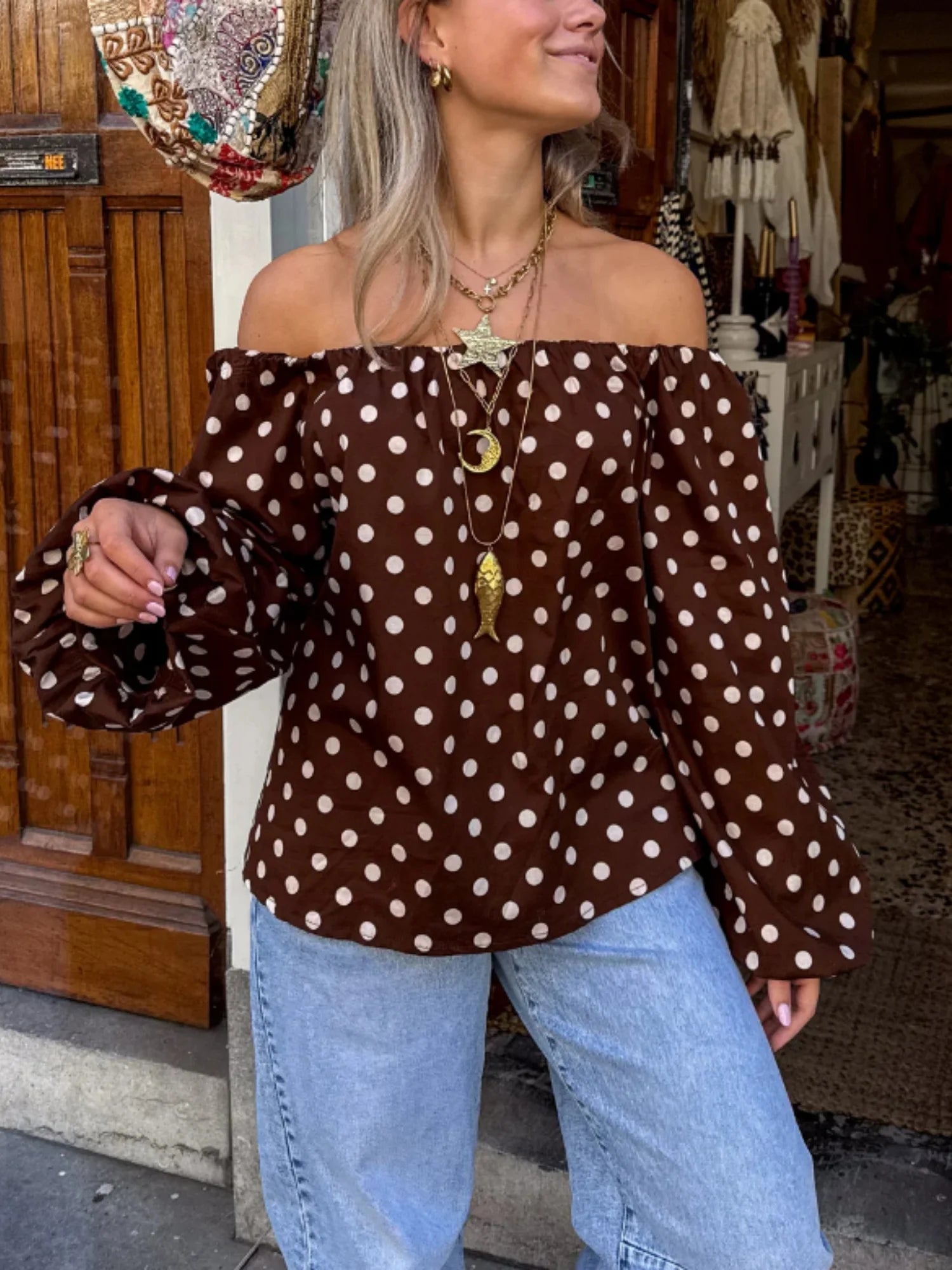 Vintage Polka Dot Off Shoulder Long Sleeve Top