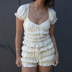 Vintage Ruffled Loungewear Set With Dot Print Top And Shorts Cozy Scoop Neck