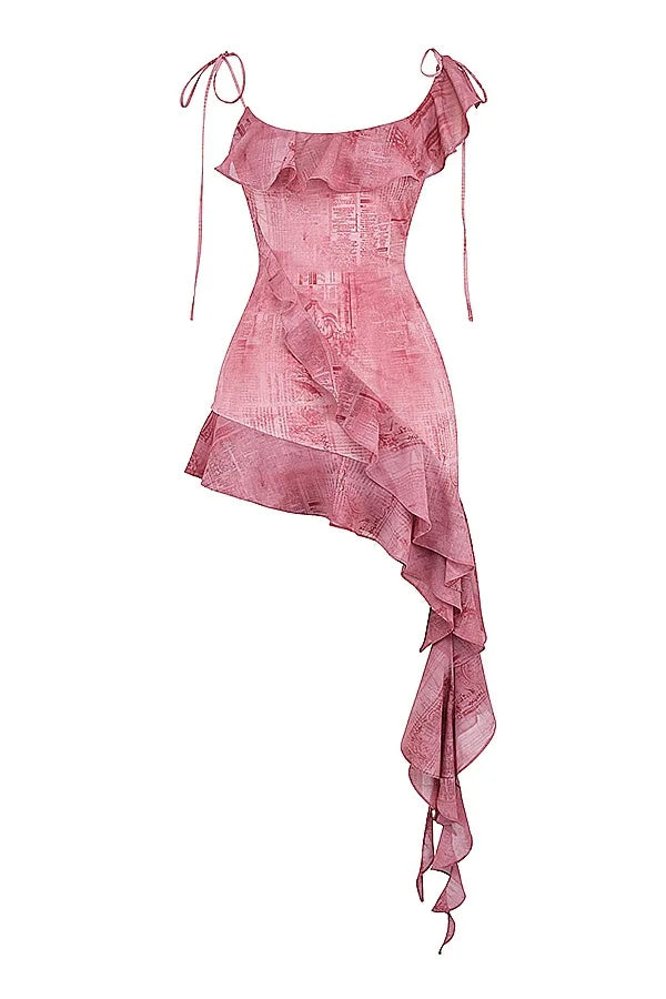 French Vintage Flounce Strap Dress with Irregular Bottom Hem Ribbon