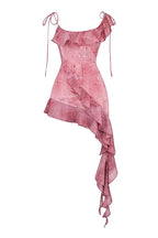 French Vintage Flounce Strap Dress with Irregular Bottom Hem Ribbon