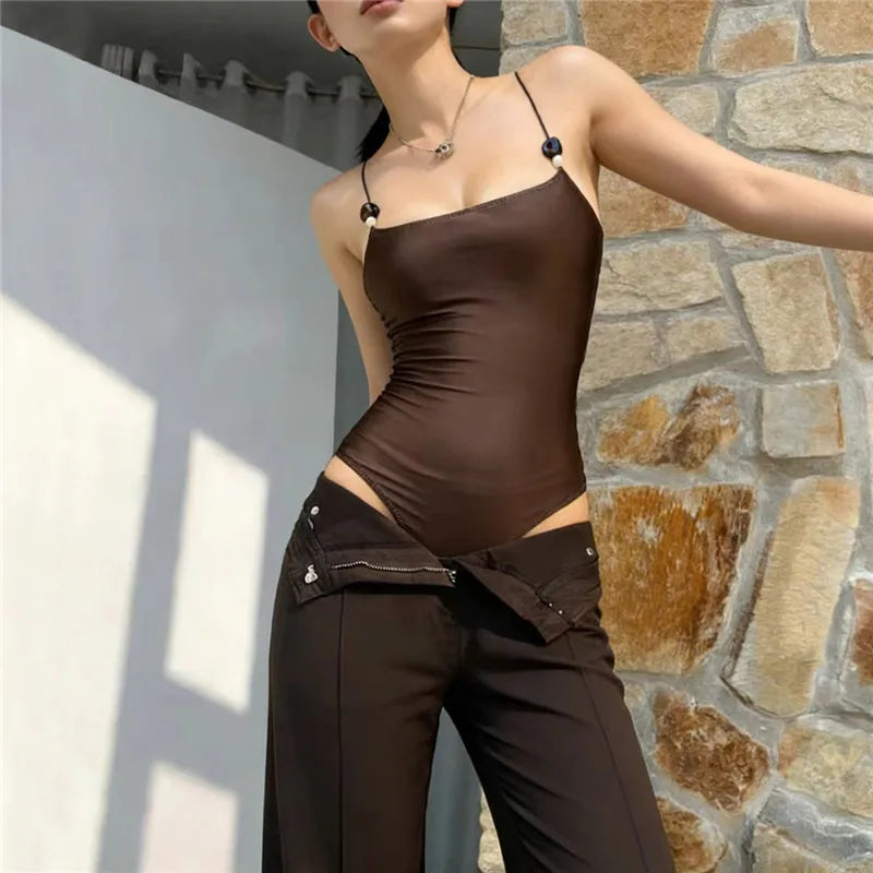 Brown Spaghetti Strap Bodysuit Women Summer Sleeveless Cross Skinny Tight Tide Basic Camisole
