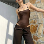 Brown Spaghetti Strap Bodysuit Women Summer Sleeveless Cross Skinny Tight Tide Basic Camisole
