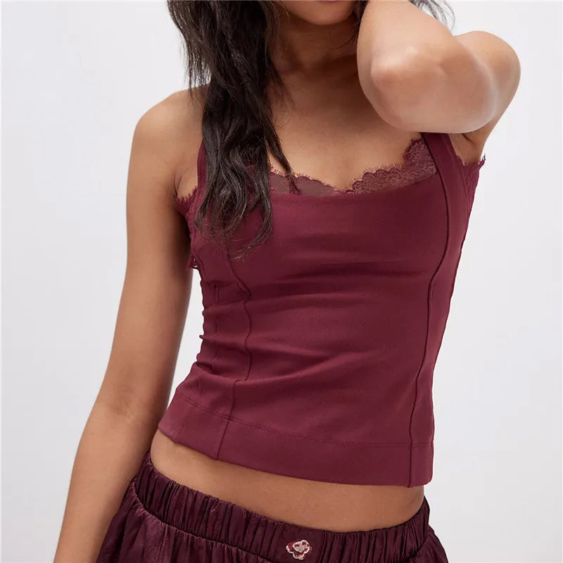 Vintage Y2K Lace Trim Halter Women Sleeveless Backless Camisole Slim Fit Crop Tank Top
