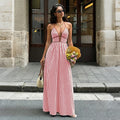 Sea Breeze Striped Deep V Beach Dress With Backless Sleeveless Maxi