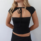 Front Cutout Bow Tie Backless Top Slim Fit Short Sleeve With Skew Collar