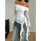 Elegant Bohemian Off-Shoulder Top With Ruffled Mesh Sleeves And Asymmetrical Satin Ribbon Hem