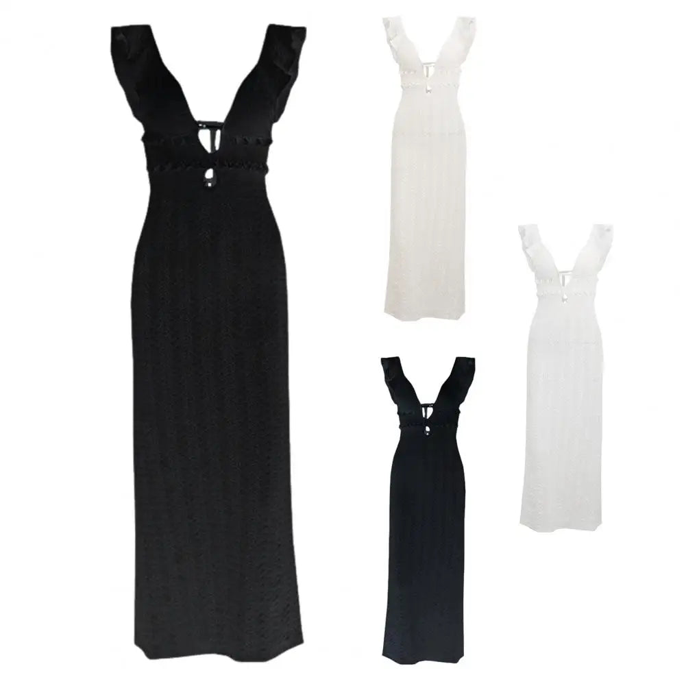Knit Dress With Backless Hollow Out Lace Up Solid A Line Sleeveless