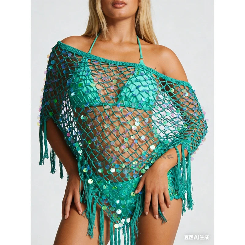 Crochet Beach Cover Up For Women Lightweight Triangle Tassel Hem Sequins Off Shoulder Poncho