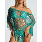Crochet Beach Cover Up For Women Lightweight Triangle Tassel Hem Sequins Off Shoulder Poncho