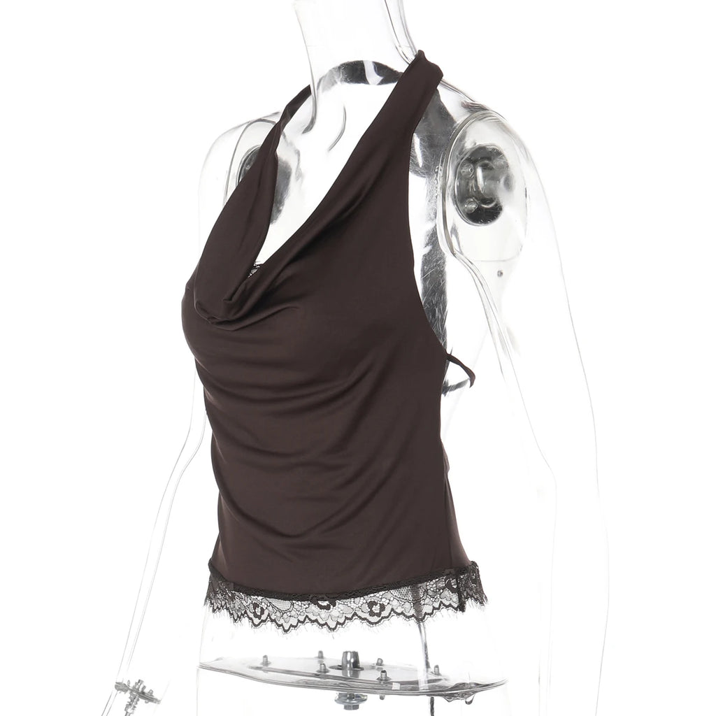 Backless Halter Knit Tank With Lace Up Details And Swing Collar