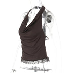 Backless Halter Knit Tank With Lace Up Details And Swing Collar