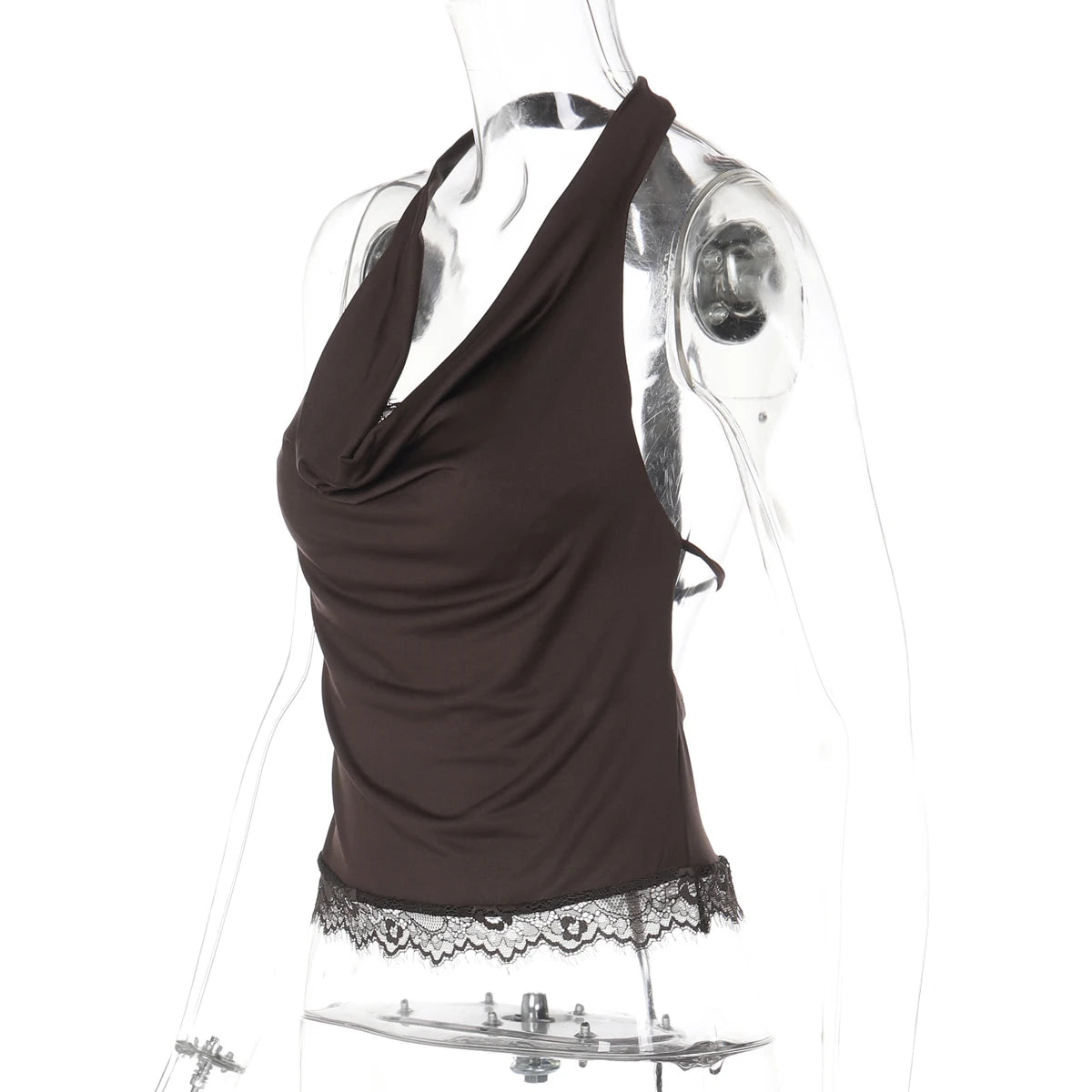 Backless Halter Knit Tank With Lace Up Details And Swing Collar