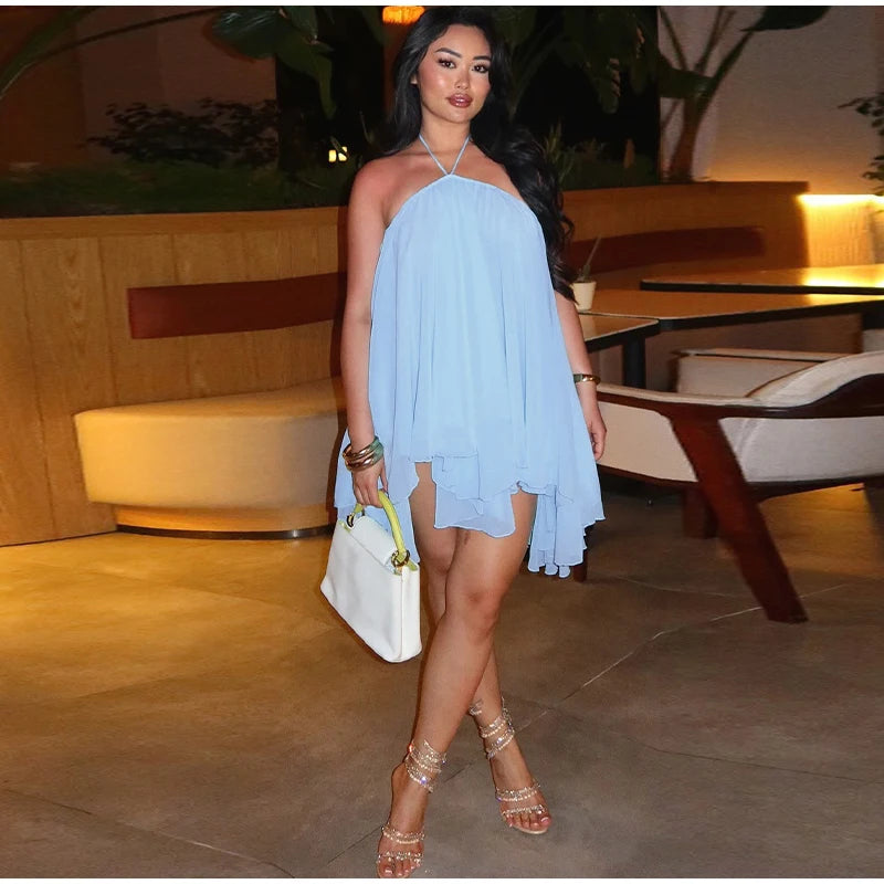 Halter Ruffles Dress Strapless Sleeveless Backless