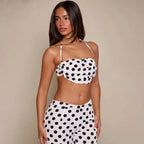 Polka Dot Two piece Halter Crop Set With Backless Top And Skinny Capri Pants