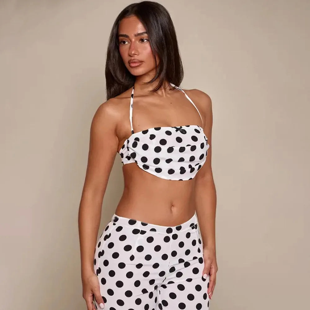Polka Dot Two piece Halter Crop Set With Backless Top And Skinny Capri Pants