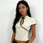 Ladies Blouse With Mandarin Collar Short Sleeve Crop Top Keyhole Frog Button Vintage Asymmetrical Design