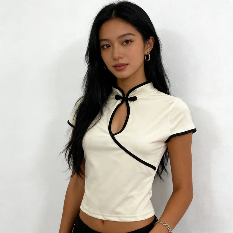 Ladies Blouse With Mandarin Collar Short Sleeve Crop Top Keyhole Frog Button Vintage Asymmetrical Design