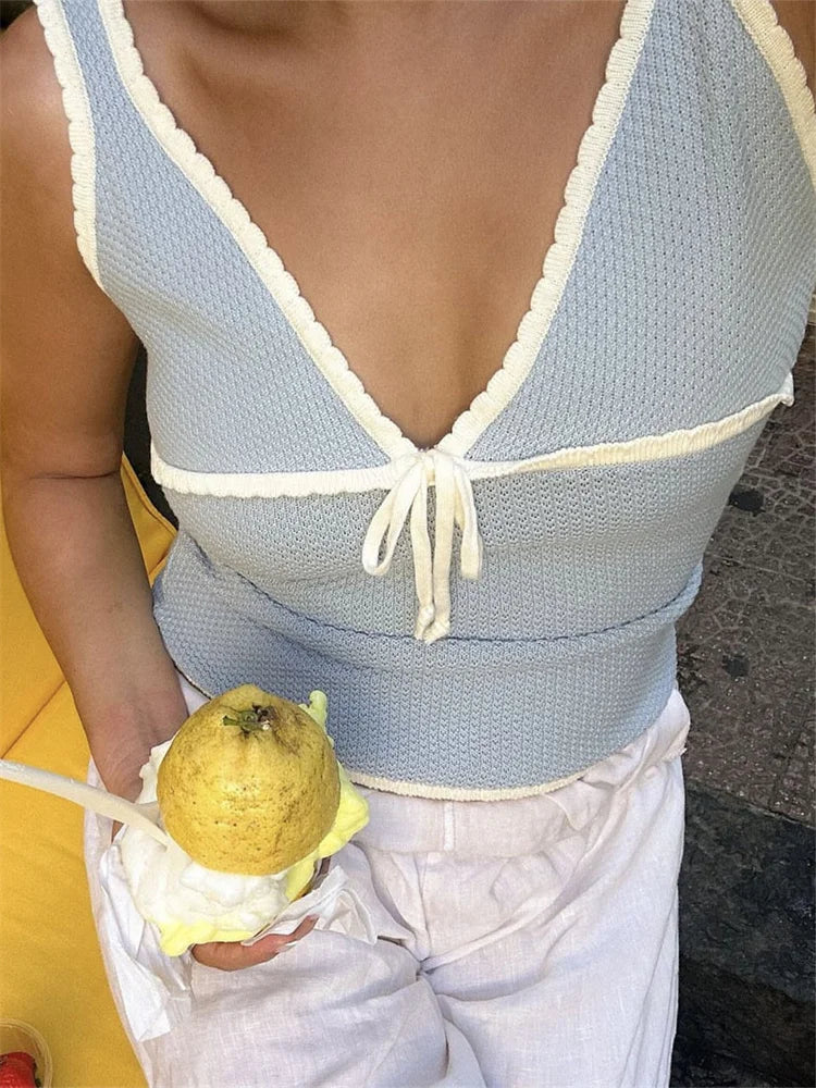 Backless Lace Up Crop Tank Top With V Neck