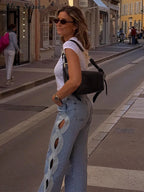 Side Hollow Out High Waist Jeans With Straight Leg Denim