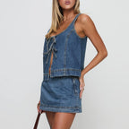 Denim Tie-Front Top And Mini Skirt Set With Square Neck