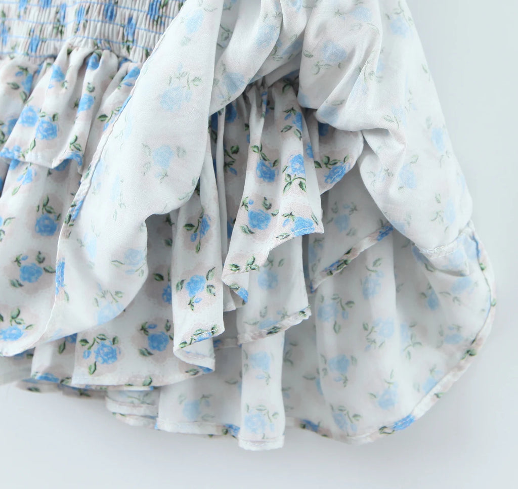 Flower Print Corset Ruched Elastic Body Sling Mini Square Collar Ruffles Hem Dress