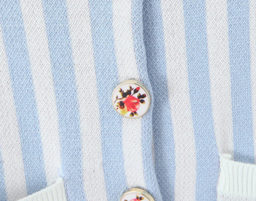 Sweet Blue White Striped Button Through Pointelle Knit Cardigan Sweater Woman Full Puff Sleeve Jumper Cropped Knitwear