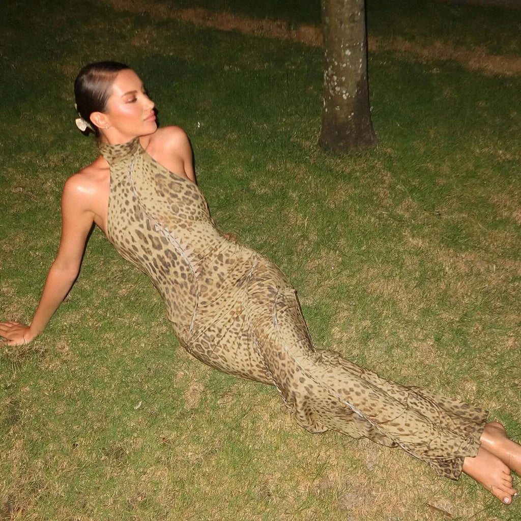 Leopard Print Halter Maxi Dress With Backless Silhouette Embellished Bandage Style