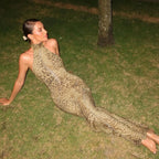 Leopard Print Halter Maxi Dress With Backless Silhouette Embellished Bandage Style
