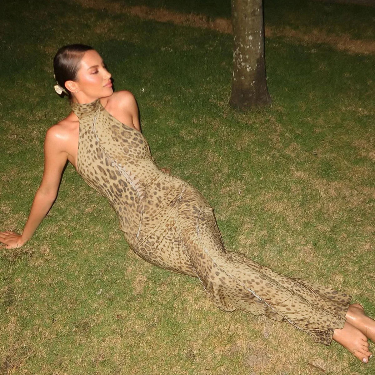 Leopard Print Halter Maxi Dress With Backless Silhouette Embellished Bandage Style