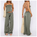 Elegant Satin Strapless Backless Crop Top And Elastic Waist Pants Set For Women