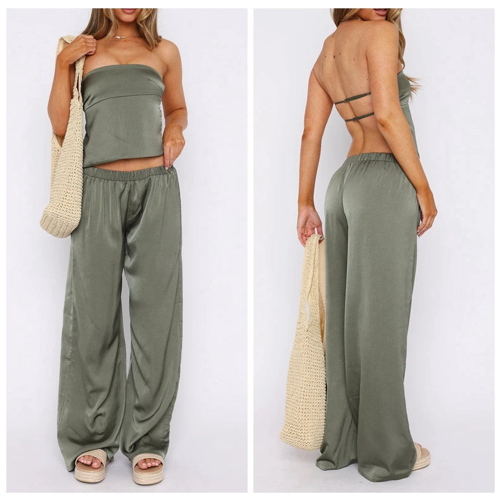 Elegant Satin Strapless Backless Crop Top And Elastic Waist Pants Set For Women