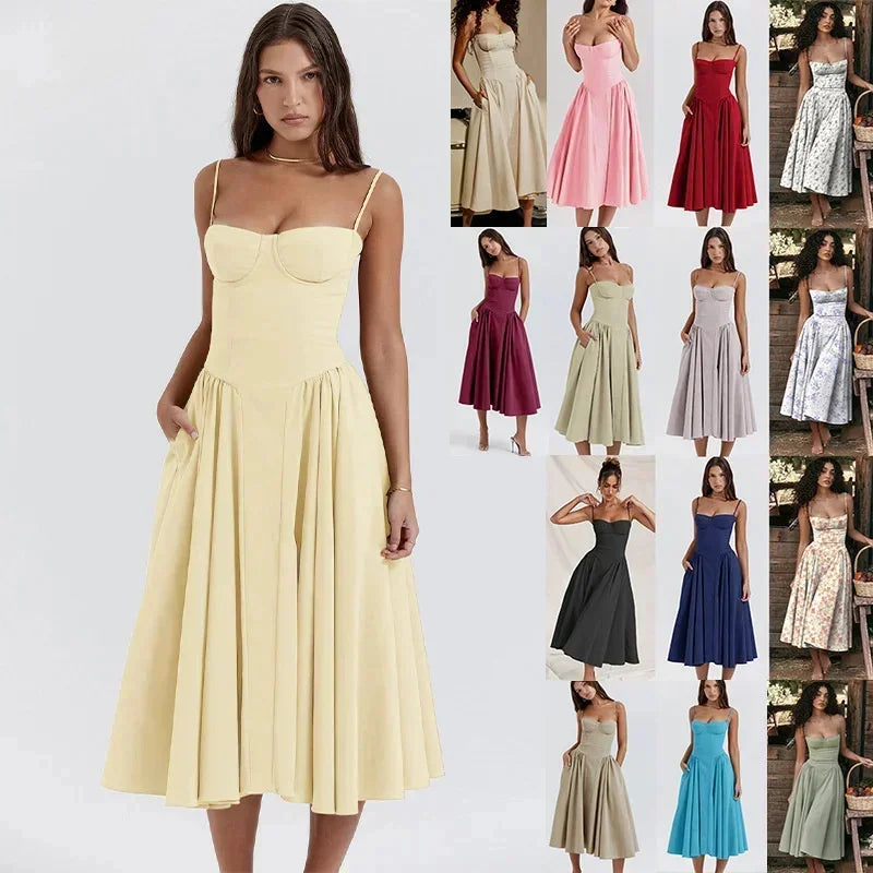 Backless Suspender Midi Dress Sleeveless A Line Style For Evening Wear