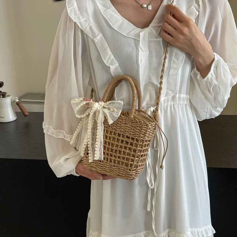 Lace Bow Straw Weave Crossbody Bag Summer Beach Style Small Bucket Elegant And Lightweight