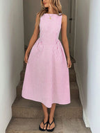 Slimming Vertical Stripe Sleeveless Dress With Elegant Flair