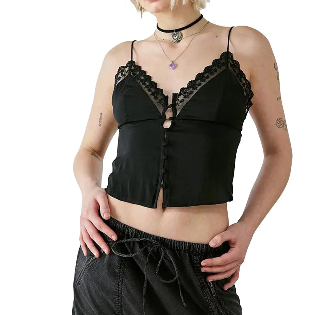 Dreamy V Neck Lace Trim Spaghetti Tank Top With Backless