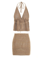 Knit Beach Set With Wrap Backless Top And Mini Skirt