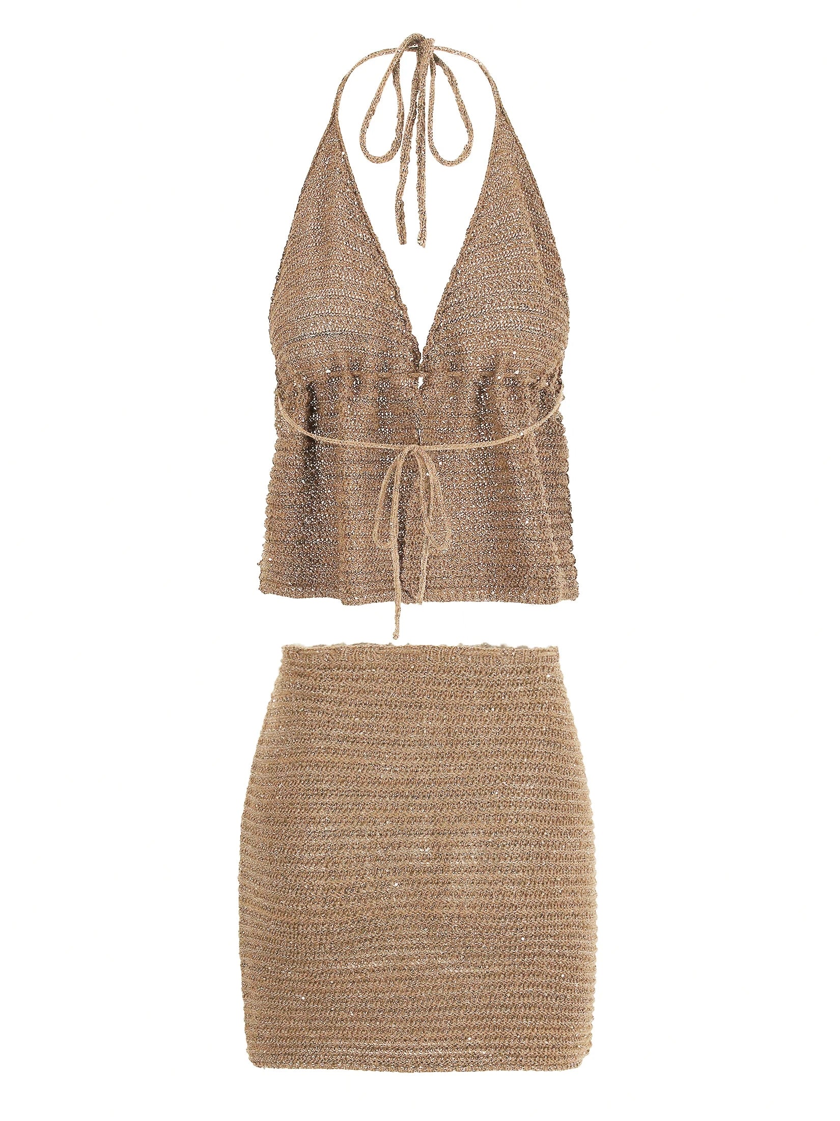 Knit Beach Set With Wrap Backless Top And Mini Skirt