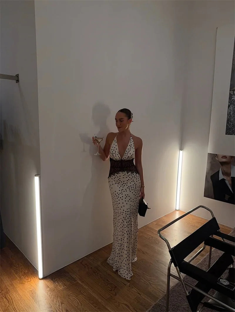 Polka Dot Backless Maxi Dress With Lace Patchwork Halter Neck Deep V Bodycon Evening Gown