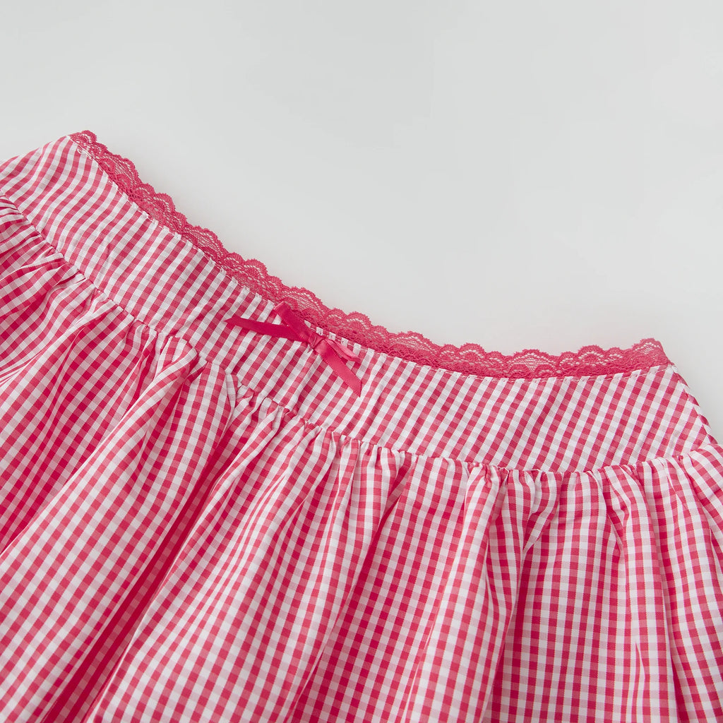Women's Summer Plaid Outfits Off Shoulder Puff Short Sleeve Crop Tops + Mini Bubble Skirt Sets Retro Party Clothes