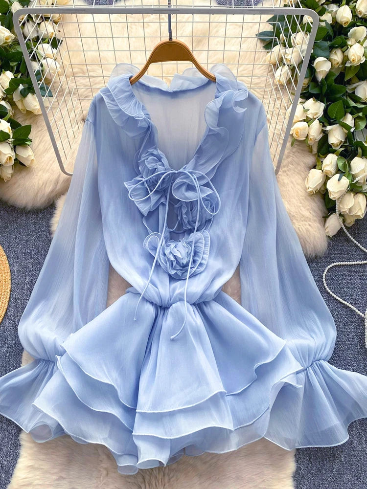 Boho 3D Floral Chiffon Sundress With Long Sleeves Lace Up Ruffle Detail