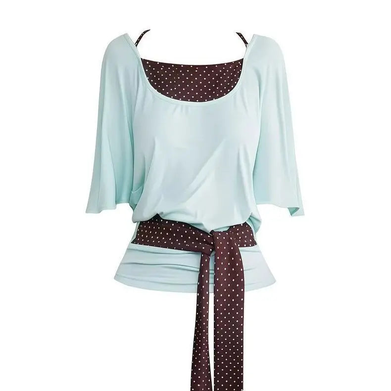 Mint Green Layered T Shirt With Polka Dot Overlay Three Quarter Sleeves