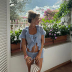 Lacework Lace Up Short Sleeve Top Slim Mini Shorts Knitted Set