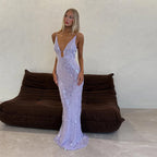 Gleaming Sequined V Neck Maxi Dress Sleeveless Backless High Waist Gown